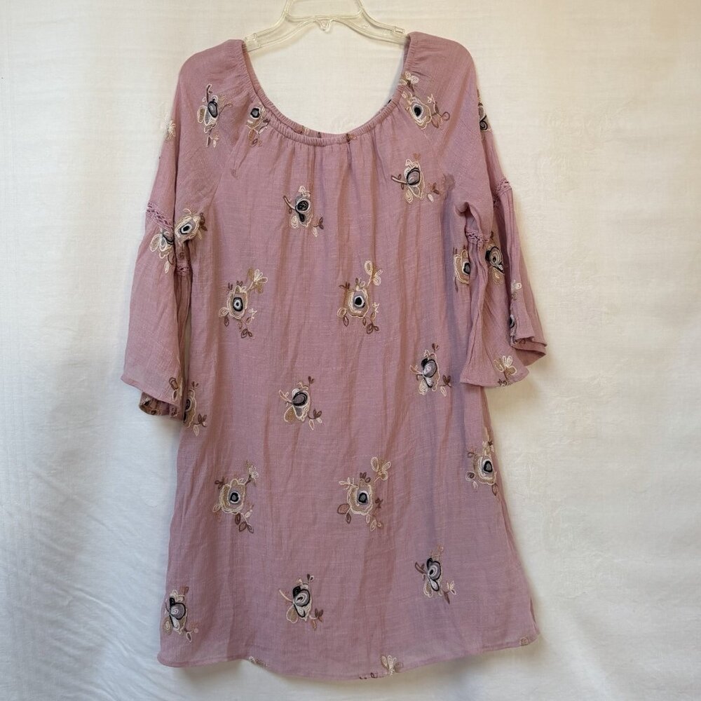 Fig & Flower Mini Dress Womens Large Pink Embroidered 3/4 Bell Sleeve Boho Party
